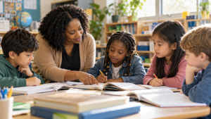 A teacher helps a diverse group of children read together at a classroom table