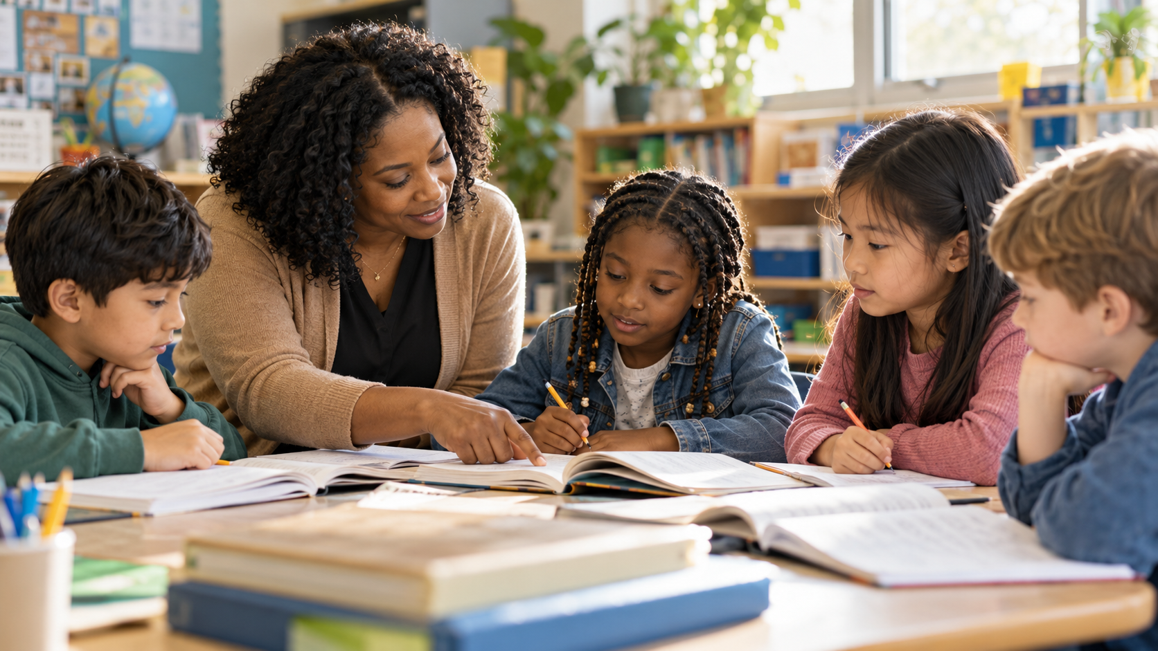 A teacher helps a diverse group of children read together at a classroom table