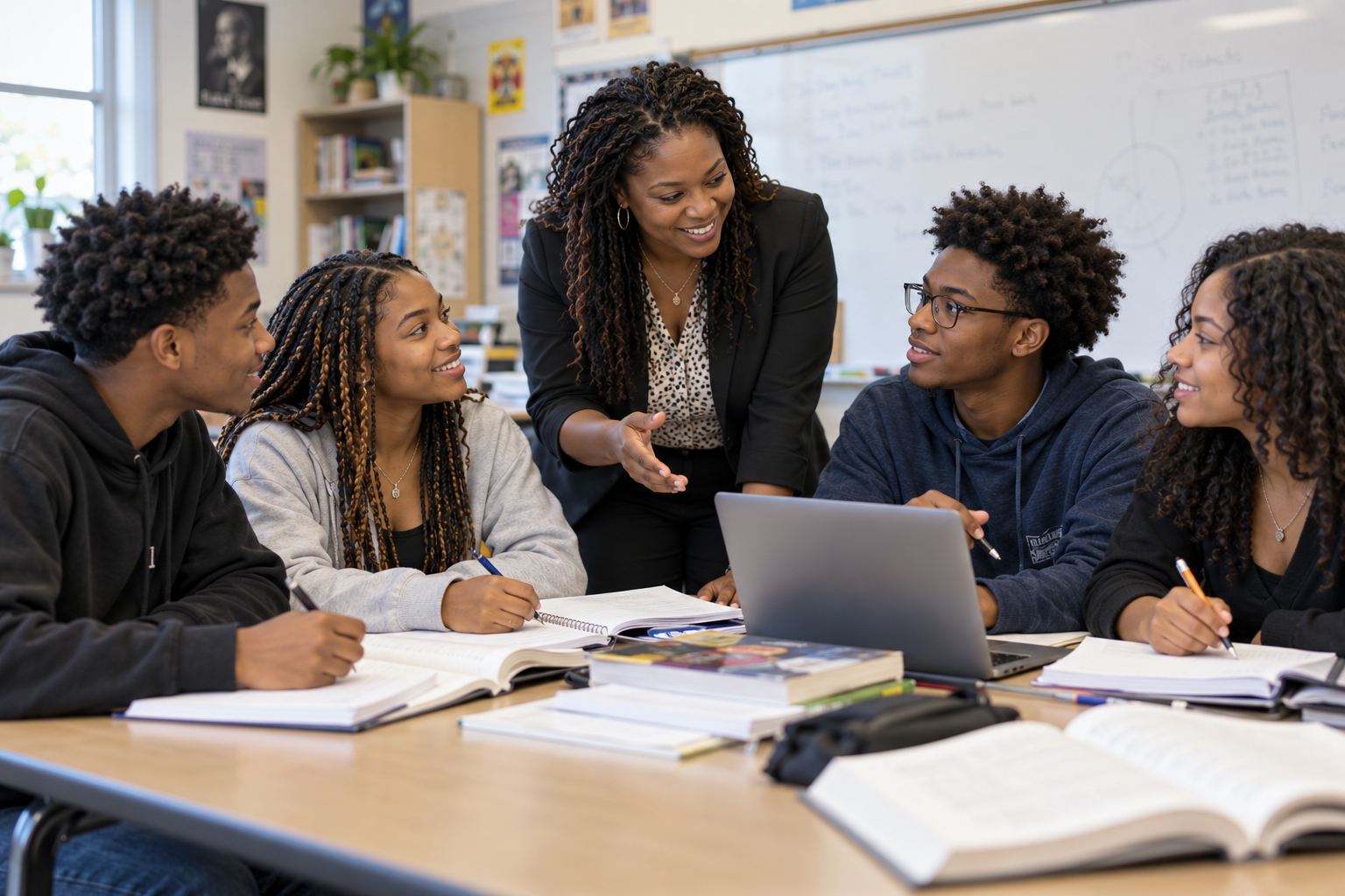 A Black teacher guides teenage students collaborating in a high school classroom.