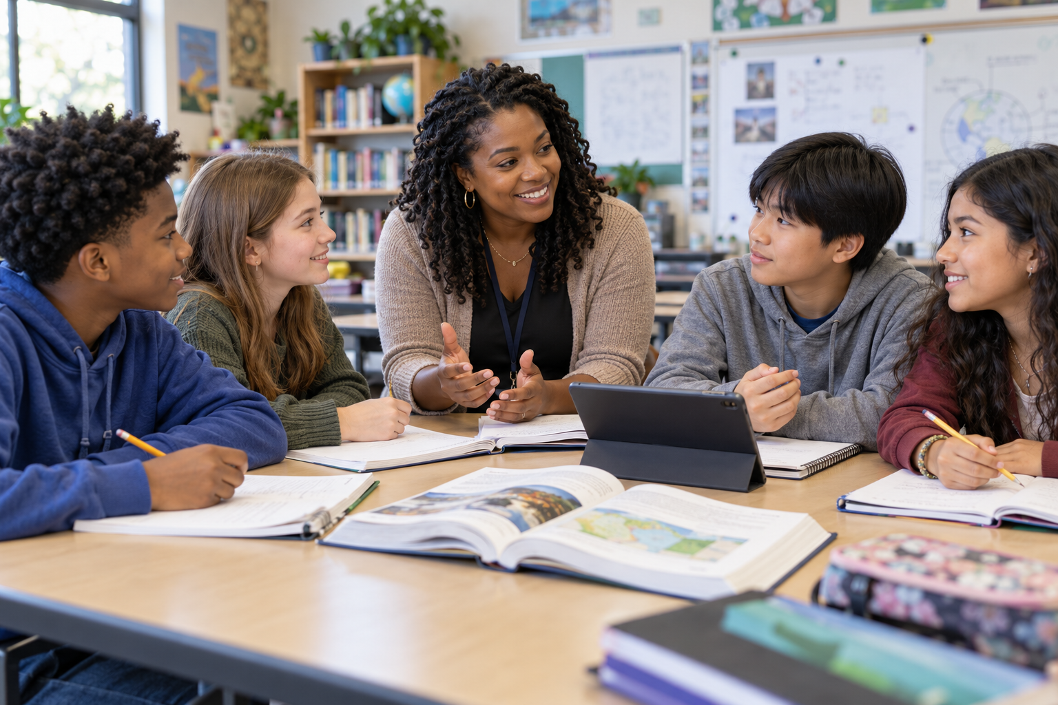 A Black teacher guides a multiracial group of middle school students learning together