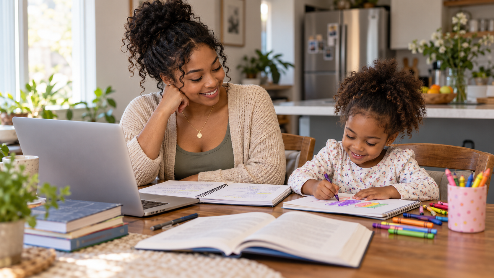 A mother and child learning together at home
